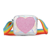 Kids Girls Crossbody Purse Love Heart Shape Rainbow Shoulder Strap Handbags Little Princess Shoulder Bags Laser Bag, Silver